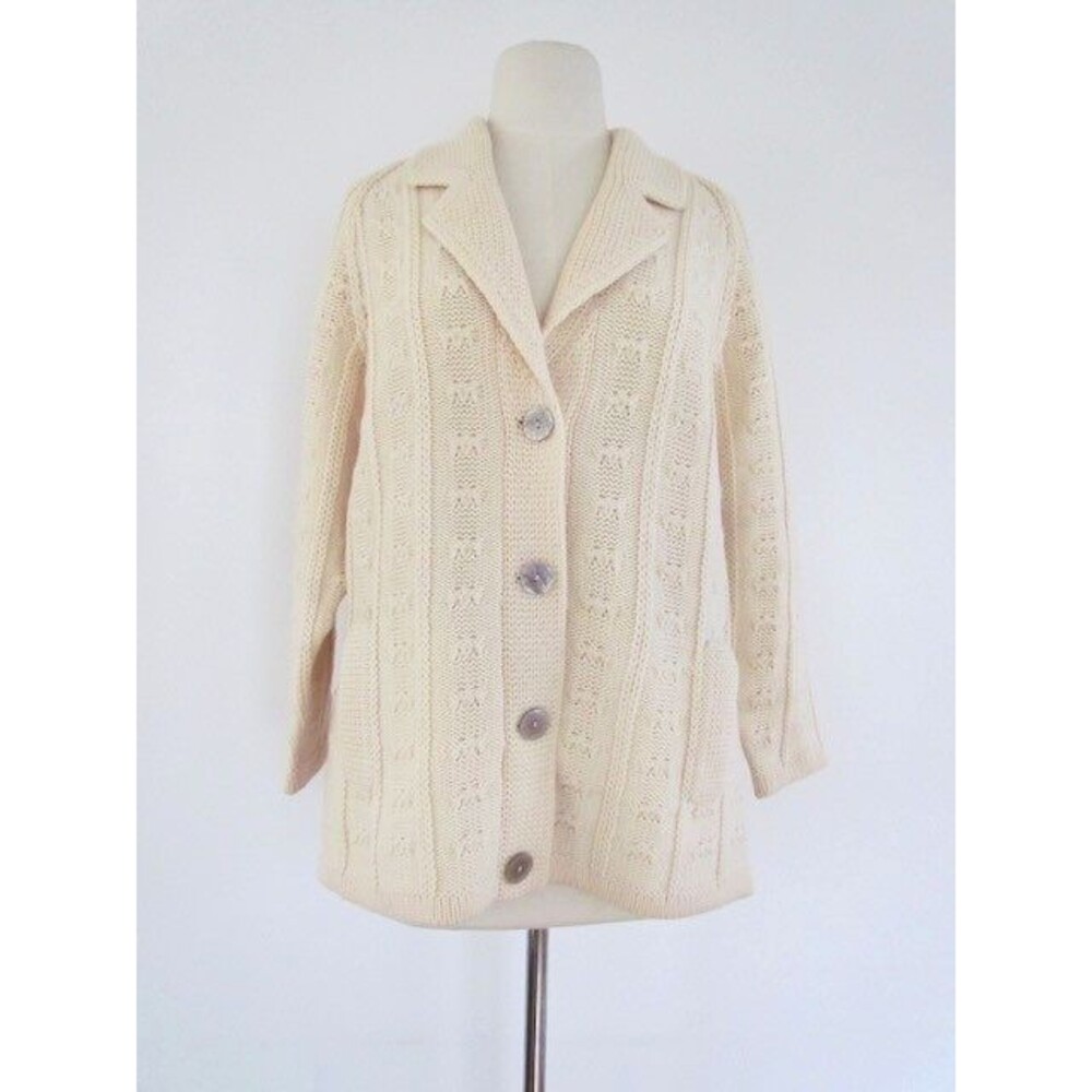 Vintage Force for Leroy Knit Sweater Jacket Wool Chunky Aran Eyelet Cream Large